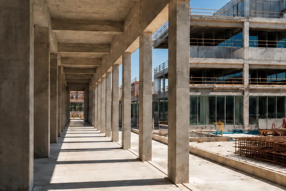 Concrete colonnade and an adjoining commercial building under construction