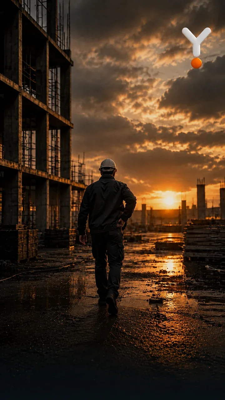 A builder on site at sunset with the YPA sculpture