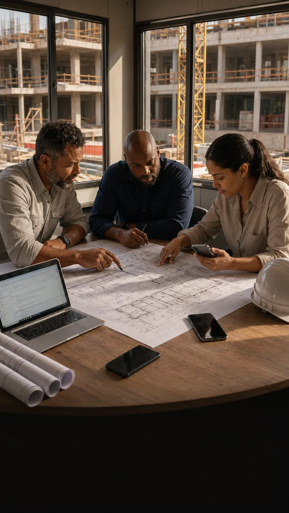 Two builders and a colleague reviewing construction drawings together on site